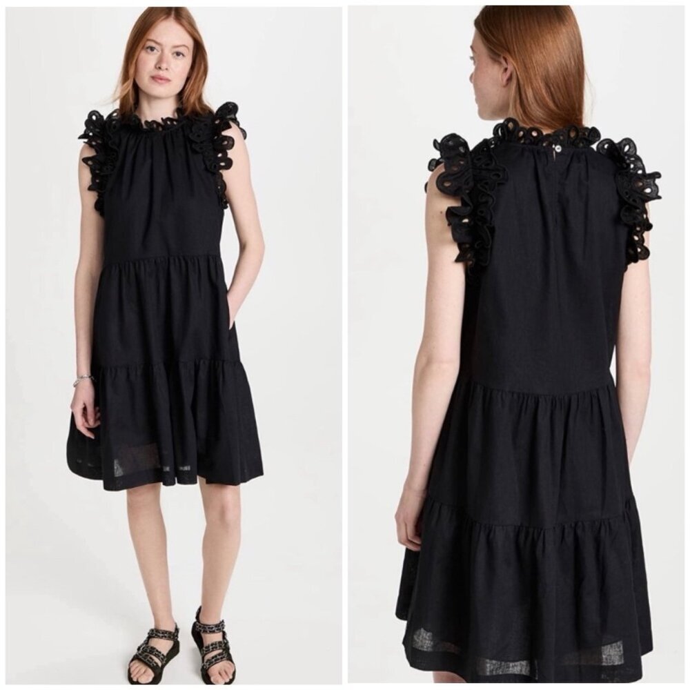 SEA New‎ York Lee Linen Cotton Flutter Sleeve Tiered Tunic Eyelet Dress